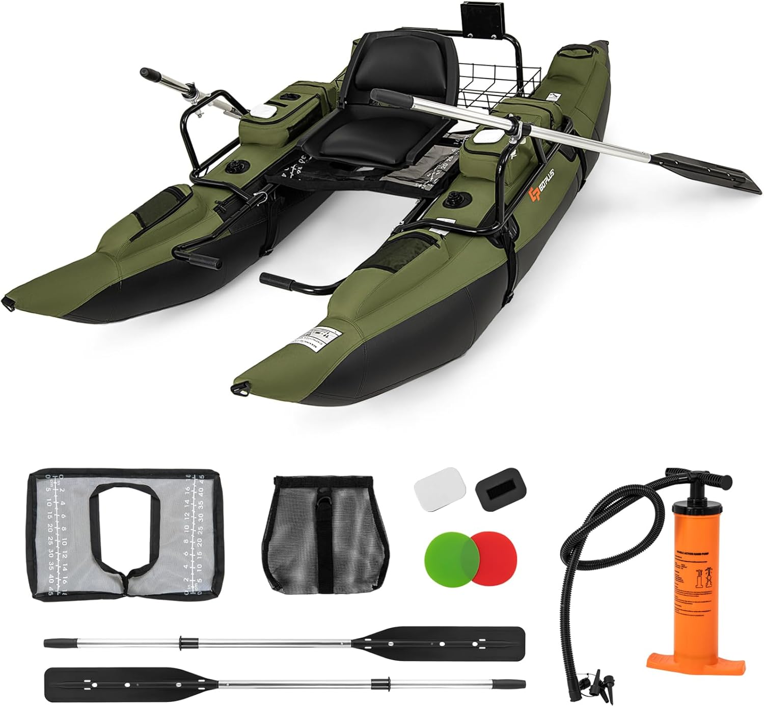 Fishing Boat Paddle - เรือยางเป่าลมสำหรับผู้ใหญ่ พร้อมเบาะรองนั่งแบบพับได้, ที่พักเท้าปรับระดับได้, ปั๊มลม, ไม้พาย, ไม้บรรทัดวัดปลา,